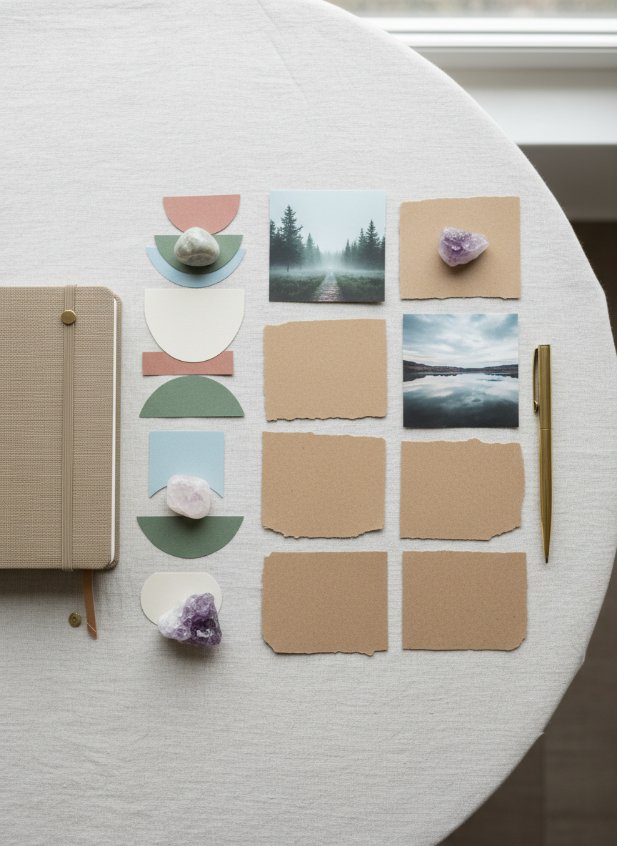 A symbolic vision board scene for designing a dream life, laid out on a pale linen-covered table: neatly arranged cut-out abstract shapes, soft-toned photographs of nature, and blank kraft paper cards, anchored by smooth crystals and a sleek brass pen. A closed, taupe-colored planner with a subtle textured cover rests nearby, with a fine leather bookmark peeking out. Soft overcast daylight from a nearby window bathes everything in diffused, even light, gently reducing harsh shadows. Photographic realism with a top-down, bird’s eye view composition, creating an organized, intentional layout. The atmosphere is creative yet serene, inviting mindful planning of spiritual goals, habits, and life changes in a clean, modern, sophisticated style.