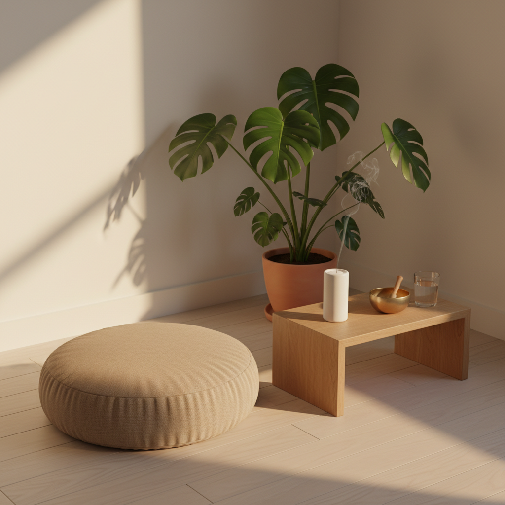 A minimalist meditation corner representing spiritual health, with a plush sand-colored floor cushion centered on a pale wooden floor, beside a low, smooth oak altar table holding a single white ceramic incense holder, a small brass singing bowl, and a glass of water. Behind it, a tall indoor plant with deep green leaves softens a warm white wall. Late afternoon golden light streams diagonally from an unseen window, creating a tranquil gradient across the wall and faint shadows from the plant’s leaves. Photographic realism, shot from a slightly elevated angle using the rule of thirds, with crisp focus throughout. The mood is calm, grounded, and sophisticated, suggesting a sacred space for daily reflection and habit-building practices.