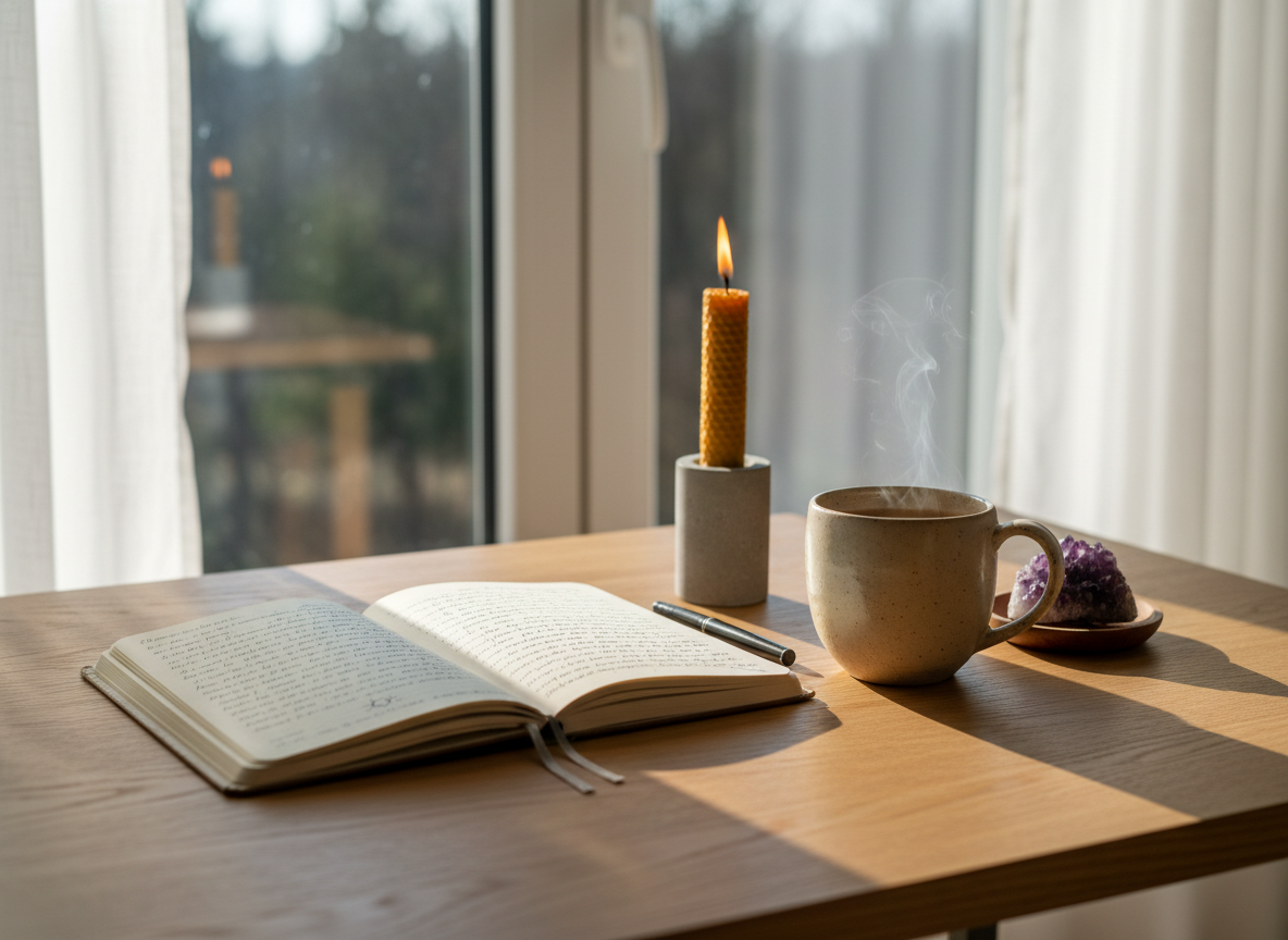 A meticulously arranged writing desk symbolizing spiritual habit building, featuring an open linen-covered journal with neat handwritten reflections, a sand-colored ceramic mug of herbal tea, a lit beeswax candle in a matte stone holder, and a small amethyst cluster. The desk is a light oak surface placed near a large window overlooking soft-focus treetops. Early morning sunlight filters through sheer white curtains, casting gentle, elongated shadows and warm highlights on each object. Photographic realism at eye-level, with shallow depth of field keeping the journal in crisp focus while the background softly blurs. The atmosphere feels serene, intentional, and sophisticated, evoking the beginning of a daily ritual for becoming one’s highest self in a clean, modern aesthetic.