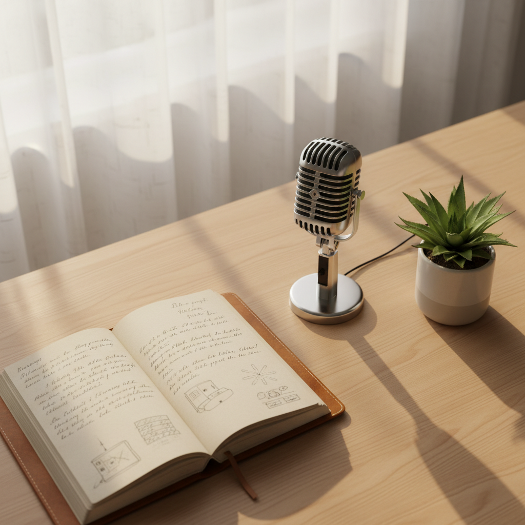 A beautifully styled flat lay of a vintage microphone on a light oak desk, surrounded by an open book with handwritten notes and a small potted plant. No earbuds or headphones. Warm morning light filters through sheer curtains, casting soft shadows. The mood is serene, intentional, and sophisticated. Photographic realism with shallow depth of field, clean modern aesthetic.