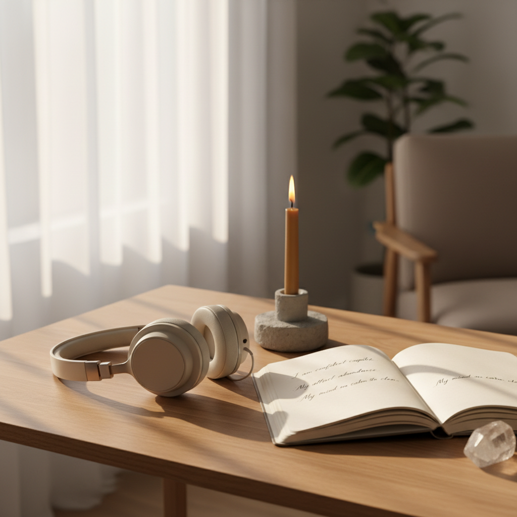 A serene, beautifully styled scene inspired by listening to affirmations — a pair of elegant over-ear headphones resting on a light oak desk beside an open journal with handwritten affirmations, a lit beeswax candle in a matte stone holder, and a small crystal. Soft morning light filters through sheer white curtains, casting warm golden highlights. The mood is peaceful, intentional, and empowering. Photographic realism with shallow depth of field, clean modern aesthetic.